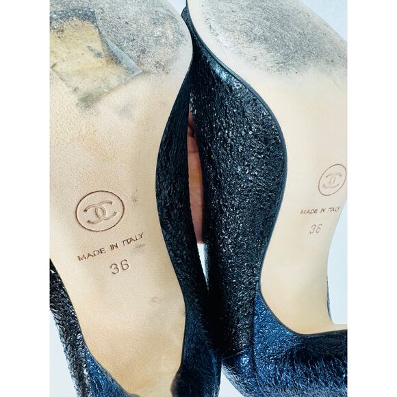 Chanel 2012 CC logo pump Metallic navy Blue Peep toe Embossed Pumps heels EU 36 - Picture 7 of 9
